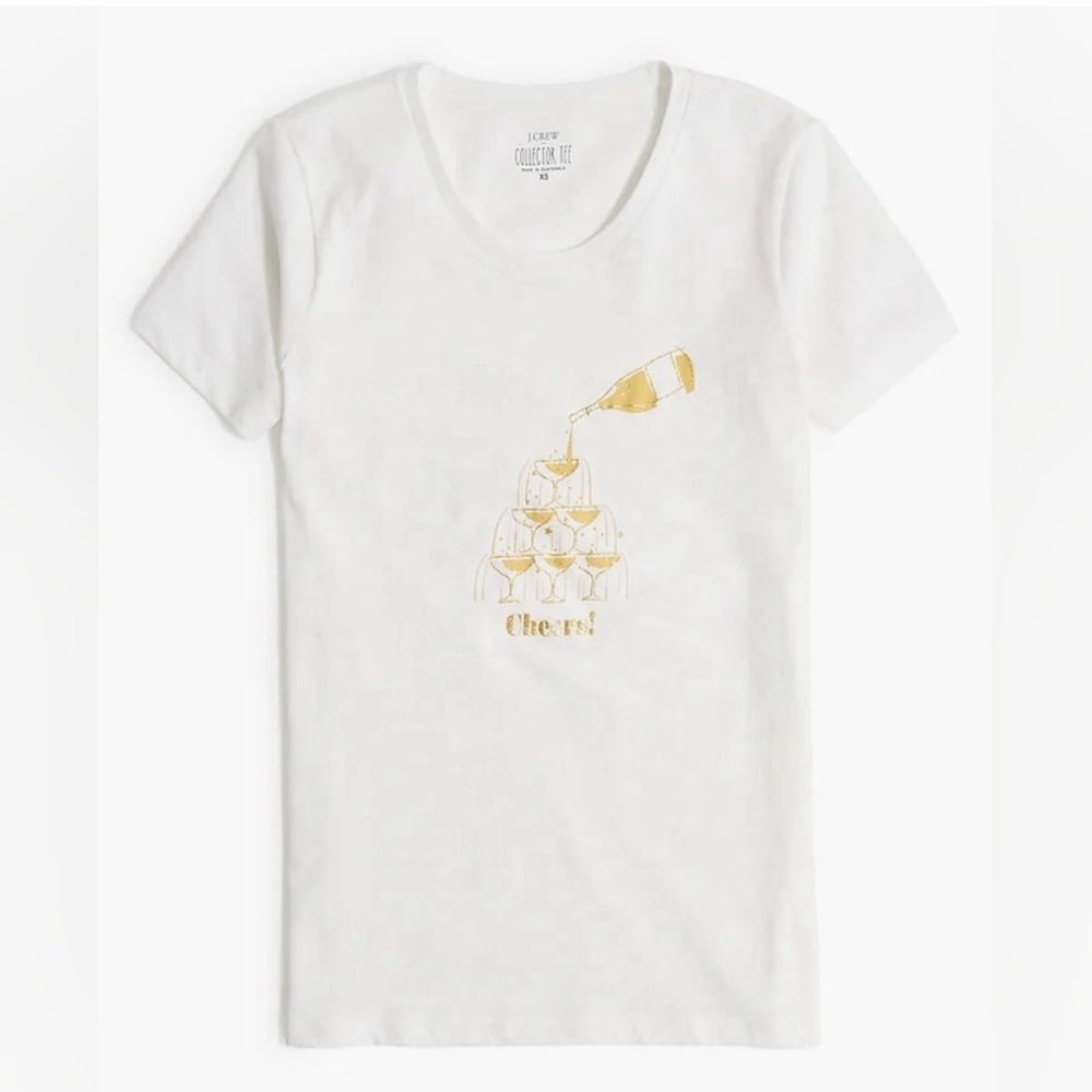 NWT J. Crew Women's Champagne Tower "Cheers" Graphic T-Shirt in White/Gold Large